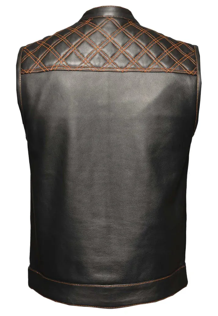 Open Road Men's Upside Leather with Orange Stitched Diamonds Vest