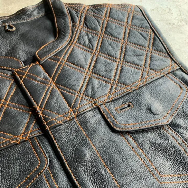 Open Road Men's Upside Leather with Orange Stitched Diamonds Vest