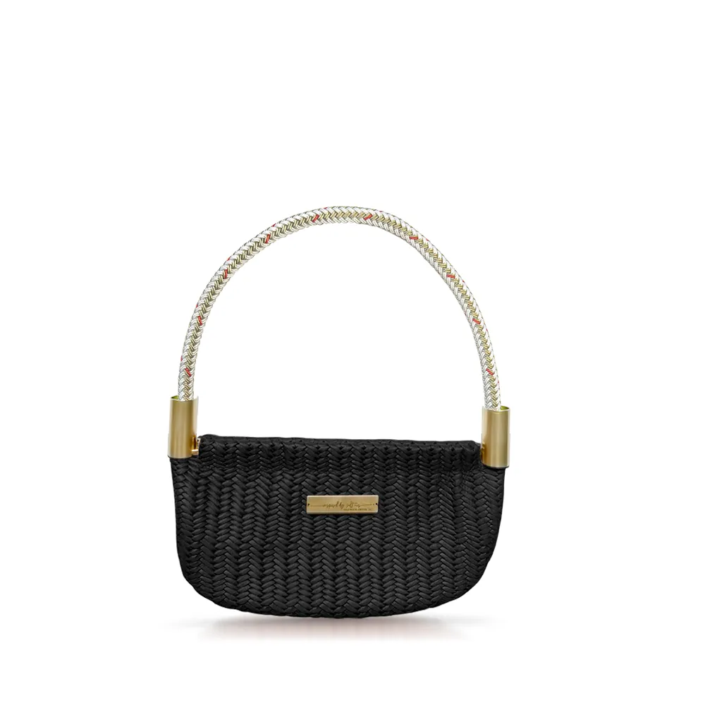 Oyster Shell Bag in Black Basketweave Leather