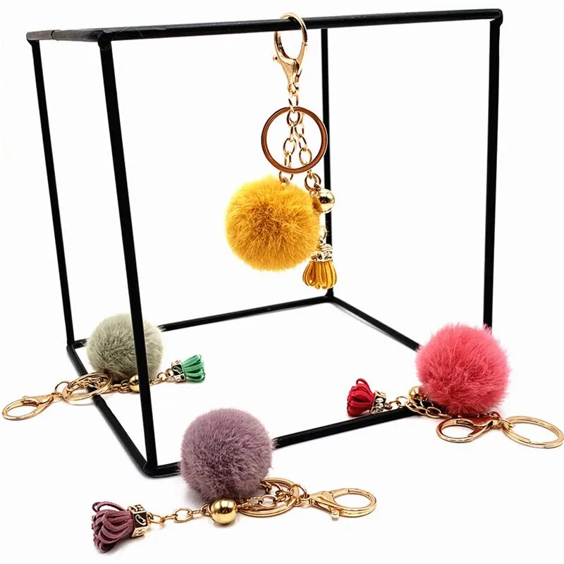 Pompoms Keychain Small Faux Fur Ball with Gold Plated Keyring |  Grey