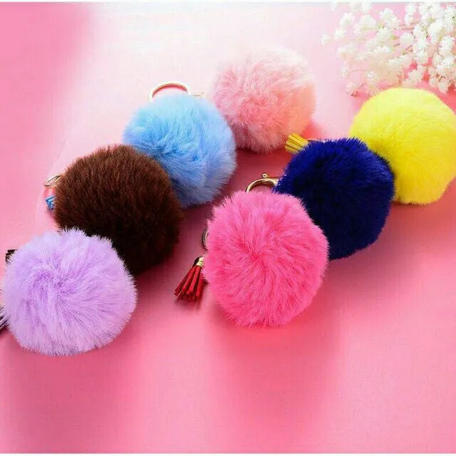 Pompoms Keychain Small Faux Fur Ball with Gold Plated Keyring |  Grey