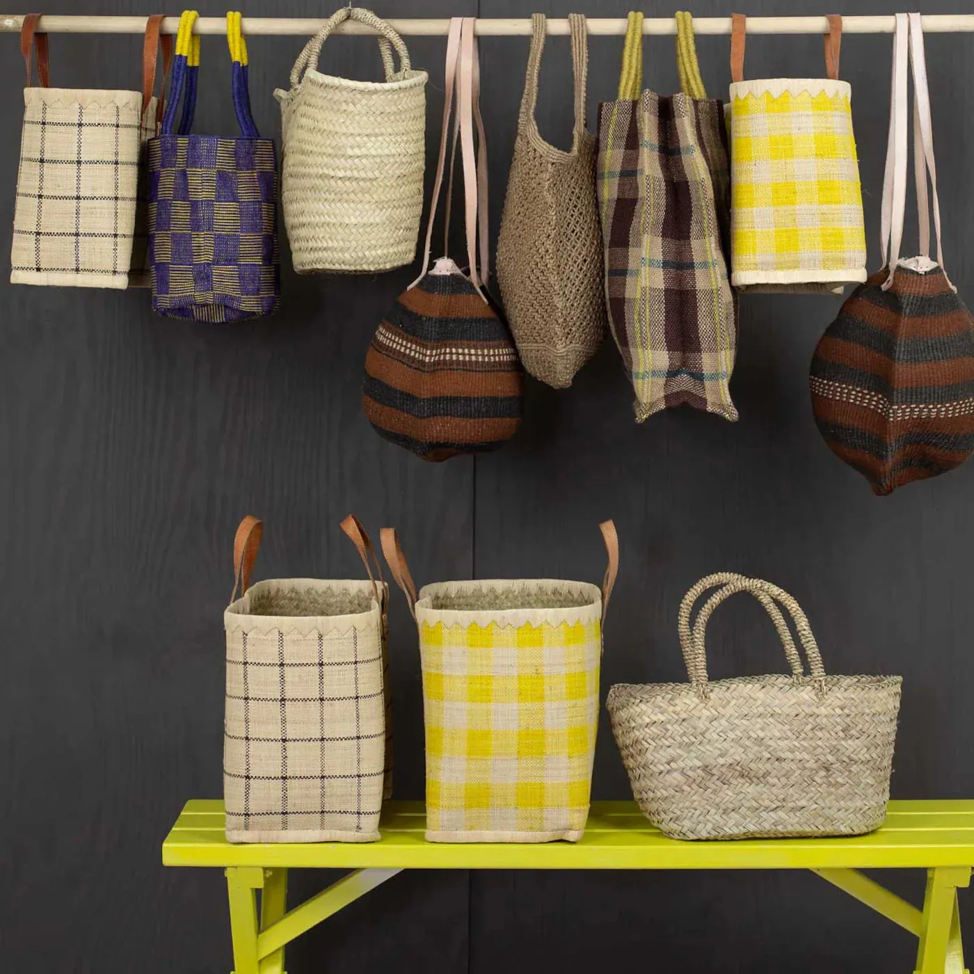 Raffia Bag Checked Medium Yellow