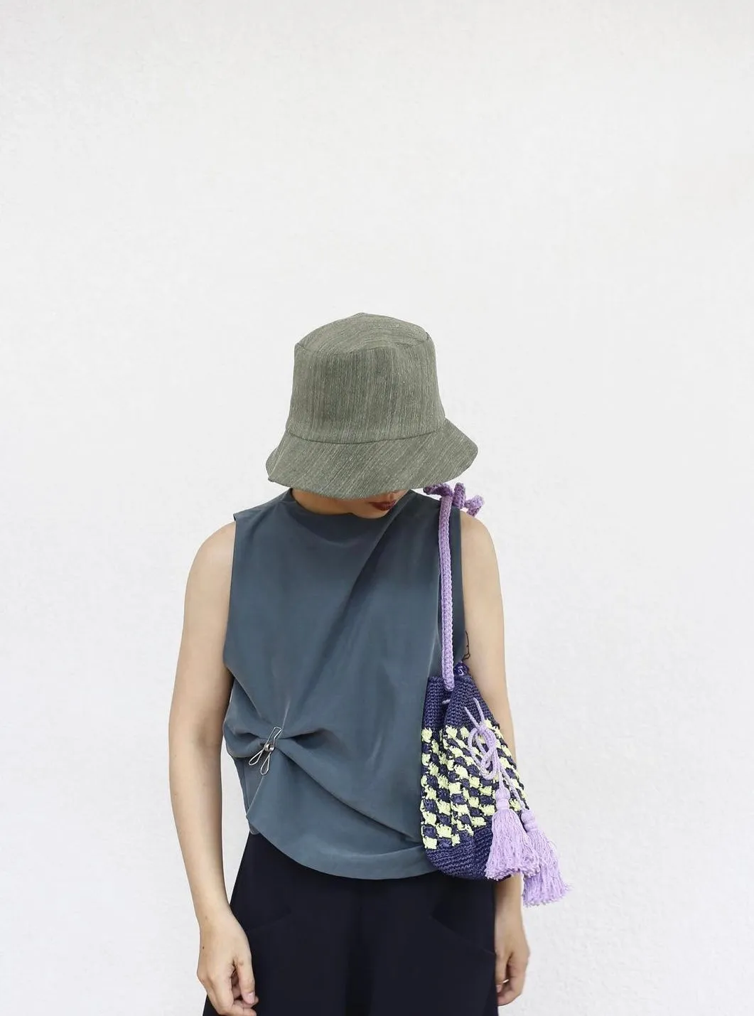 Raffia Blue & Avocado Bucket Bag 09