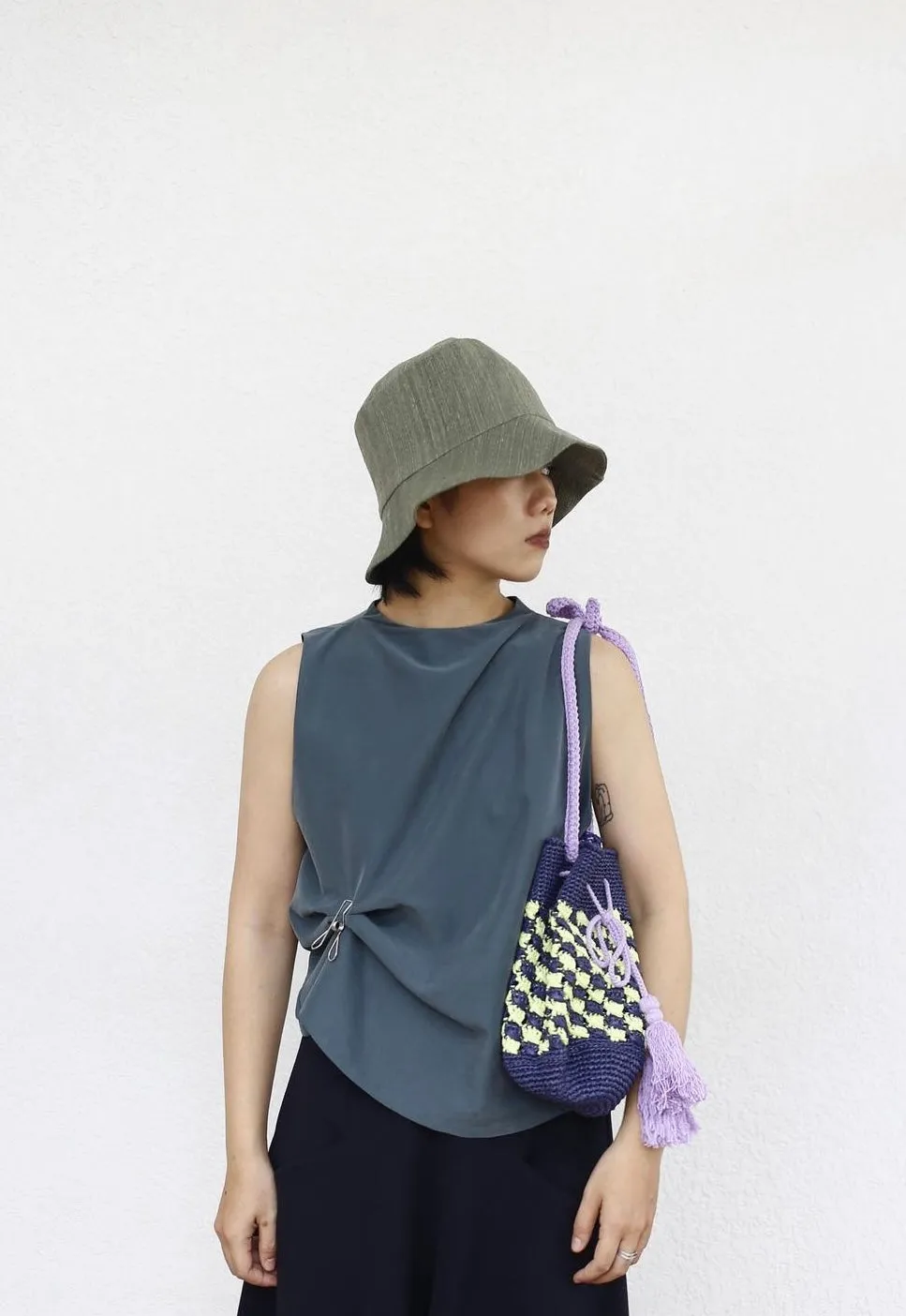 Raffia Blue & Avocado Bucket Bag 09