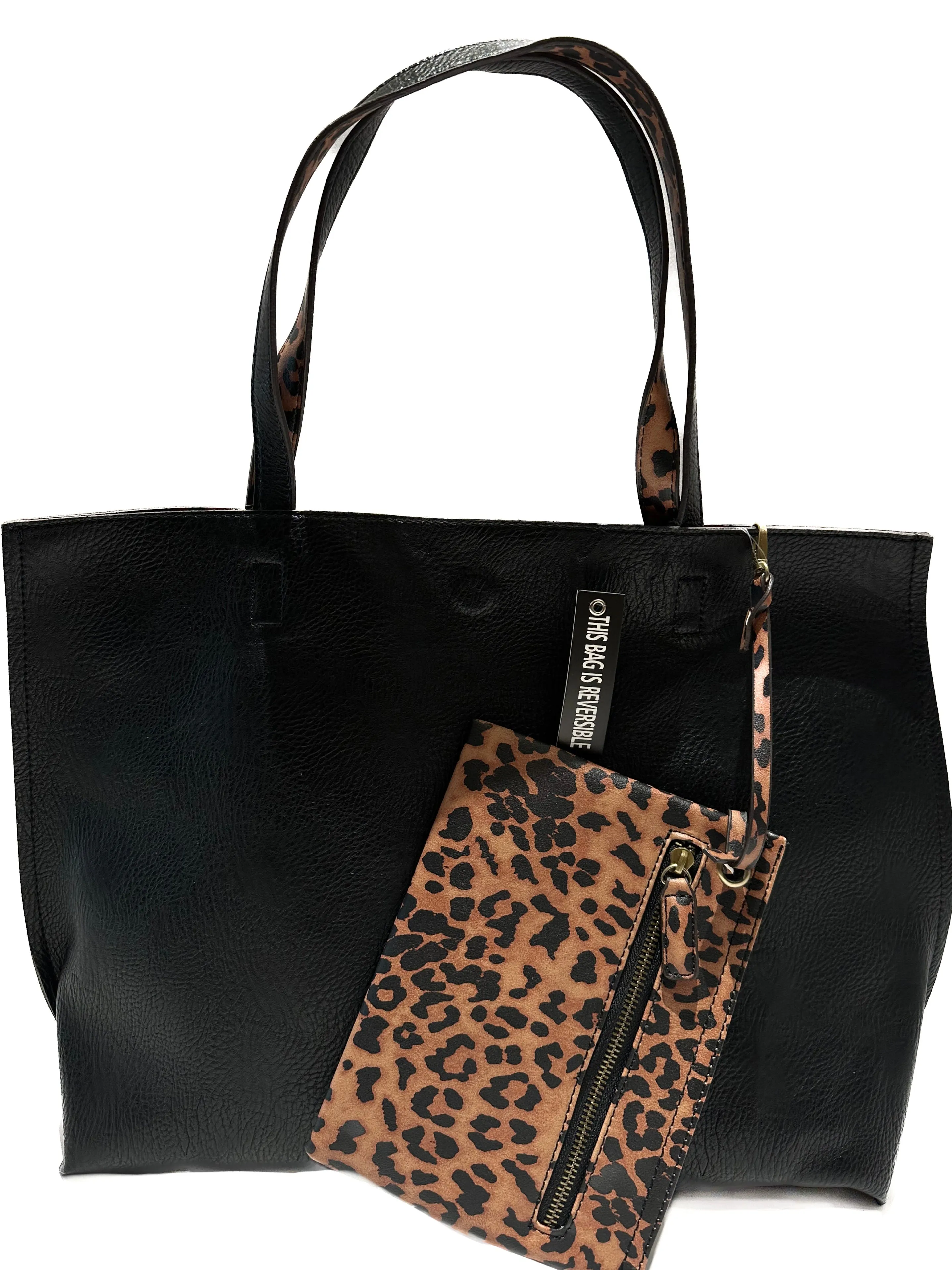 Reversible oversized vegan leather tote in Black/Leopard