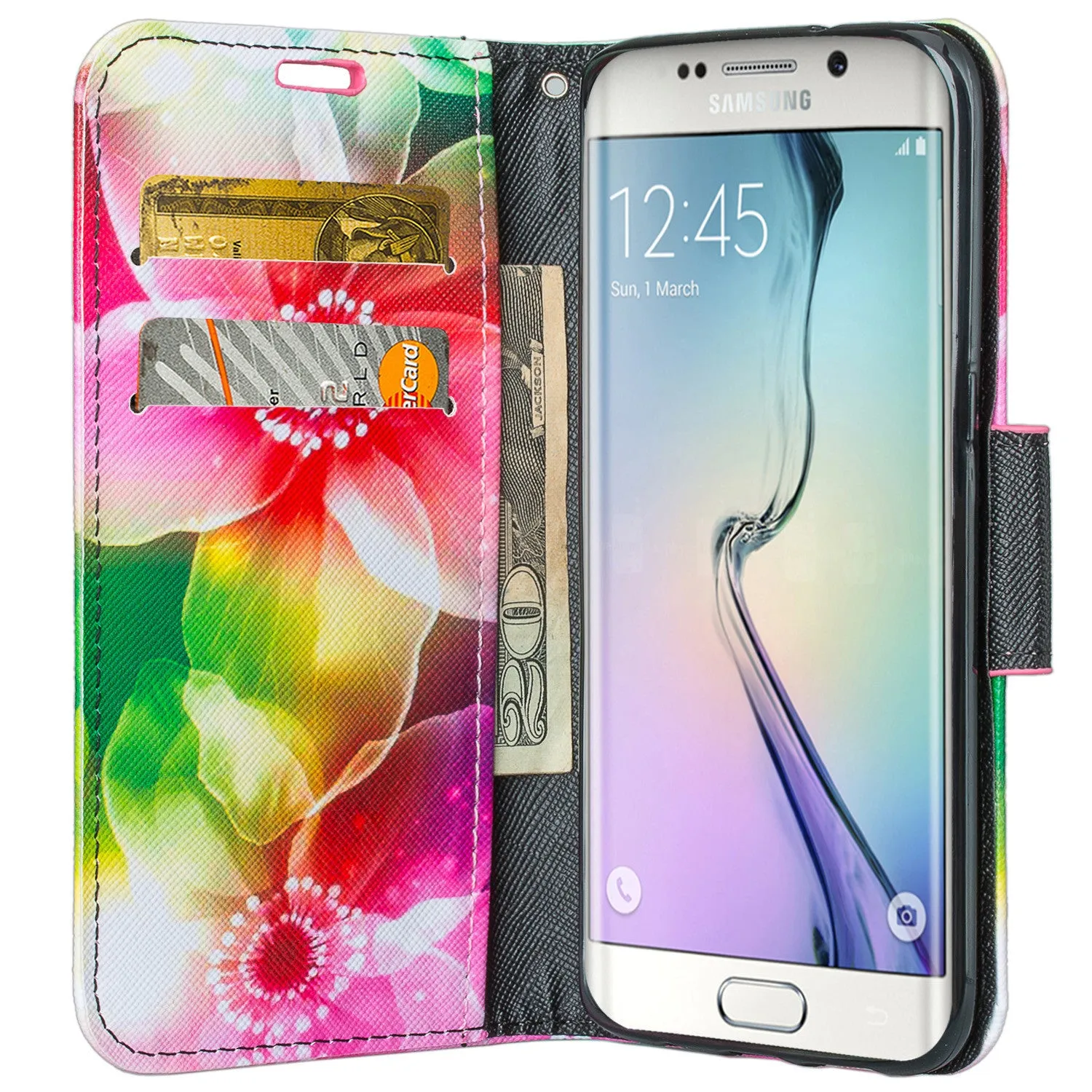 Samsung Galaxy S7 Wallet Case, Wrist Strap Pu Leather Magnetic Flip Fold[Kickstand] with ID & Card Slots for Galaxy S7 - Flower Pedal