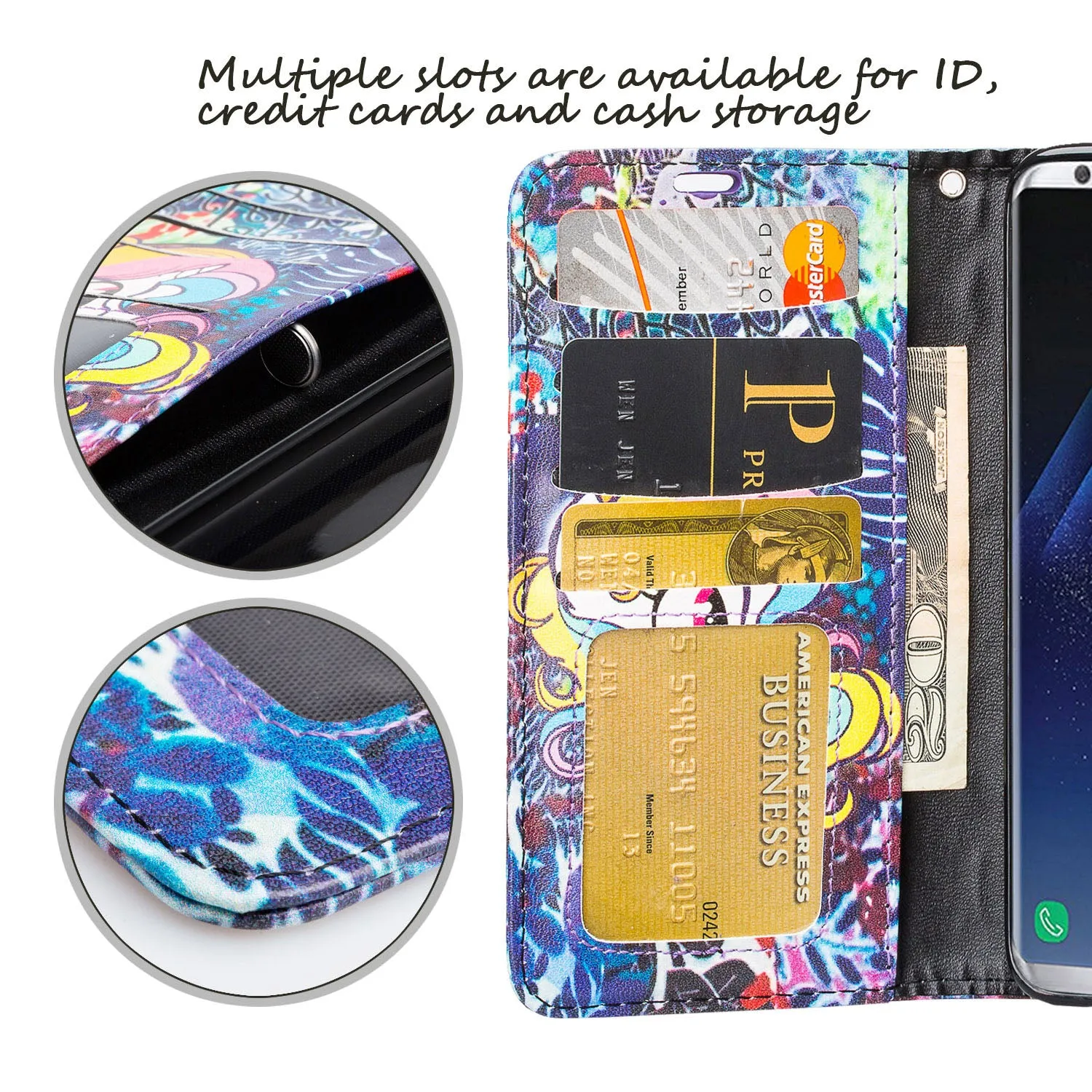 Samsung Galaxy S8 Case, SM-G950 Wallet Case, Wrist Strap Pu Leather Wallet Case [Kickstand] with ID & Credit Card Slots - Rainbow Unicorn