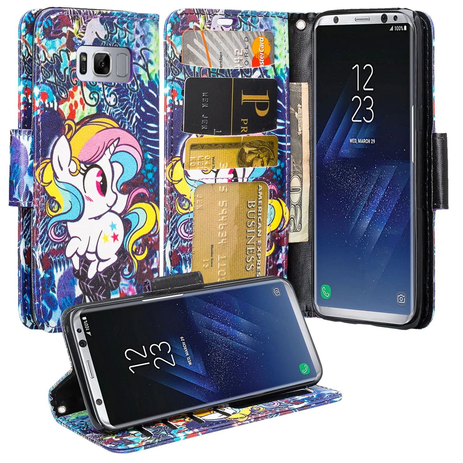 Samsung Galaxy S8 Case, SM-G950 Wallet Case, Wrist Strap Pu Leather Wallet Case [Kickstand] with ID & Credit Card Slots - Rainbow Unicorn