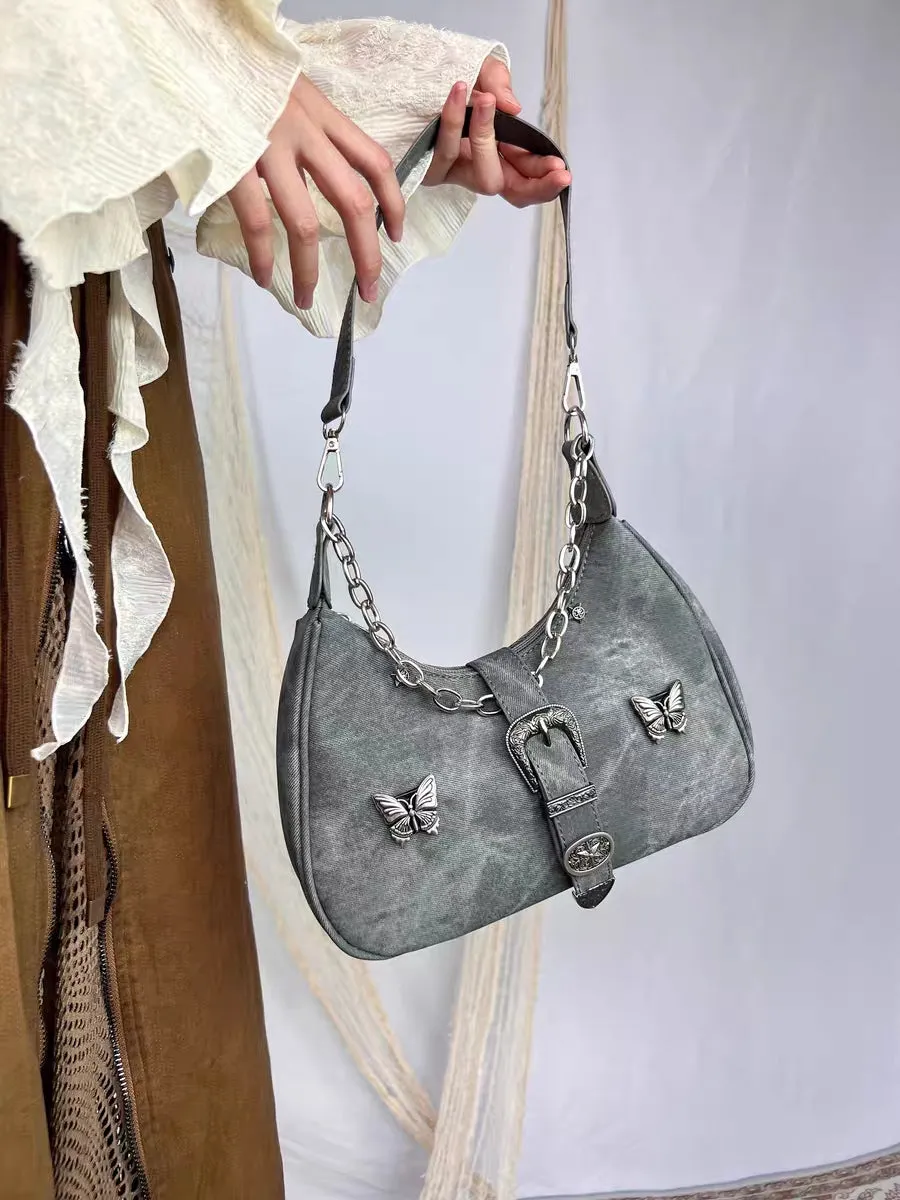 Silver Butterfly Y2K Grey Gray Leather Chain Messenger Bag