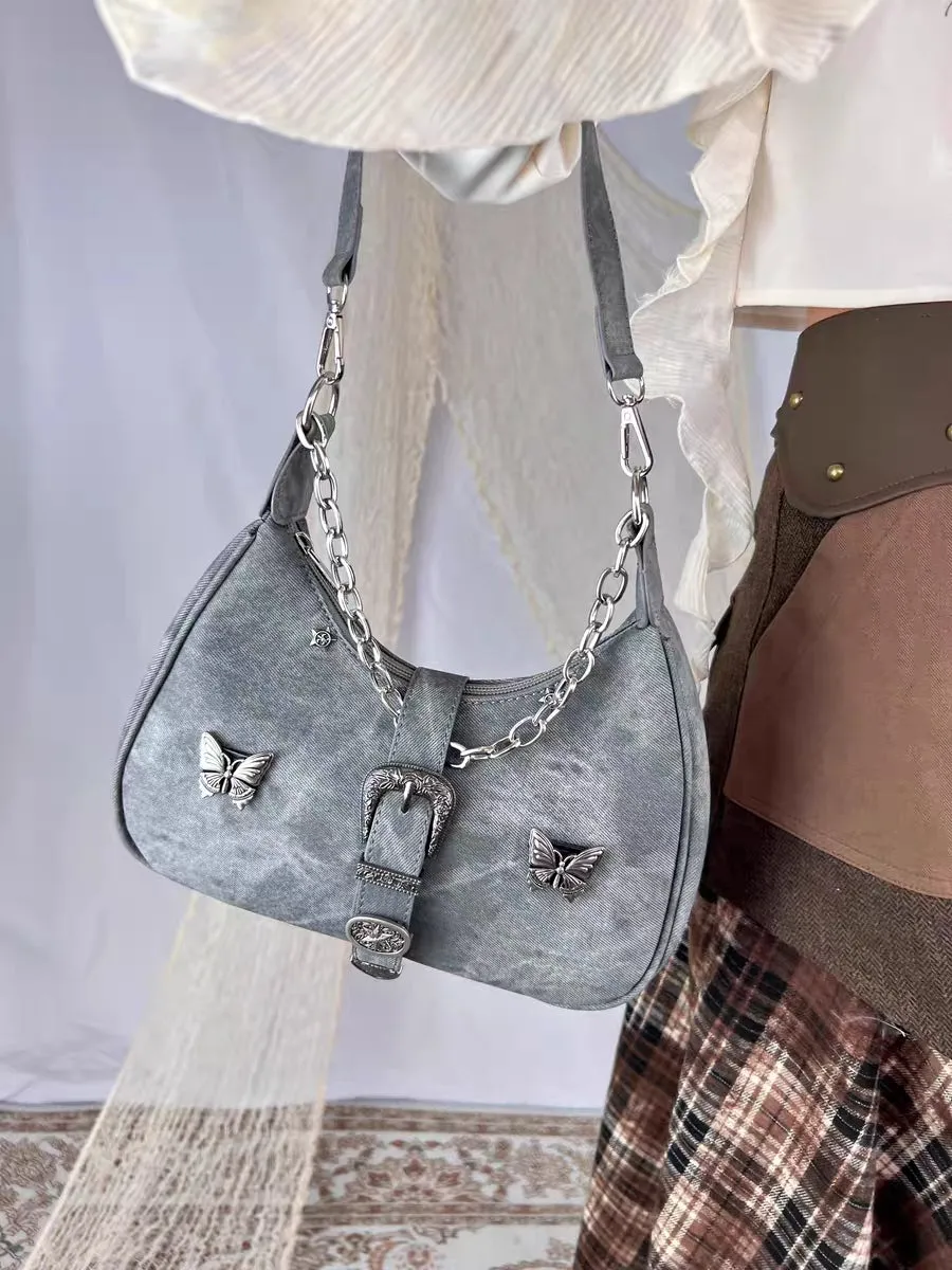 Silver Butterfly Y2K Grey Gray Leather Chain Messenger Bag