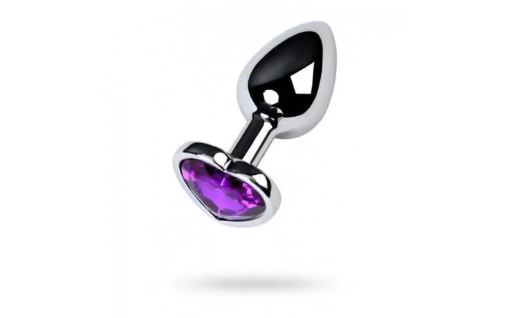 Silver Metal Anal Plug w Purple Heart Amethyst Crystal Small