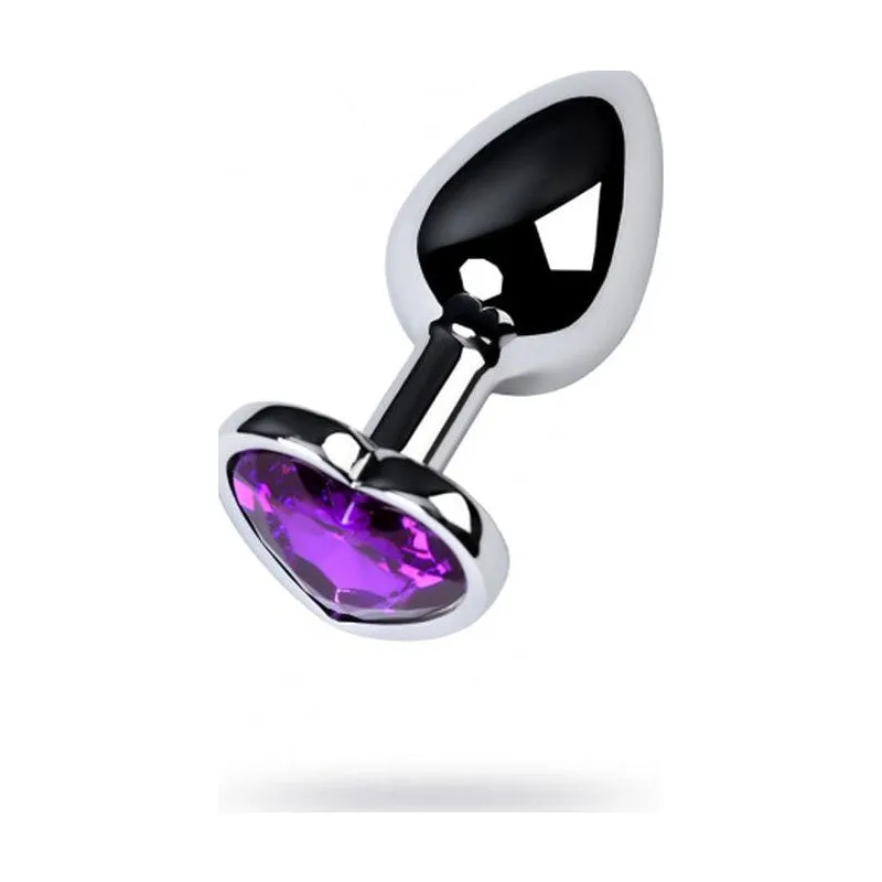 Silver Metal Anal Plug w Purple Heart Amethyst Crystal Small