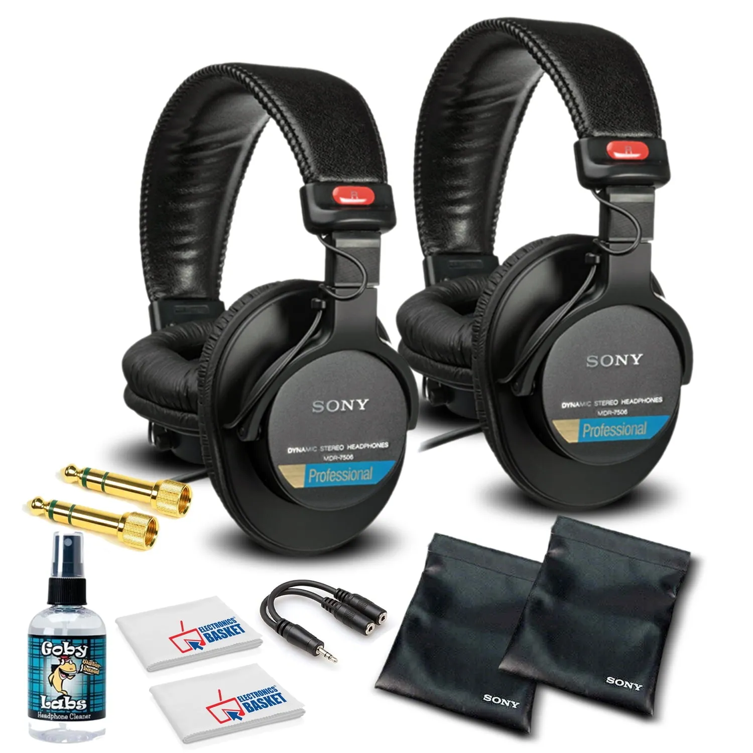 Sony MDR-7506 Headphones Professional Large Diaphragm Headphone (2 Pack) Bundle with Headphone Cleaning Solution