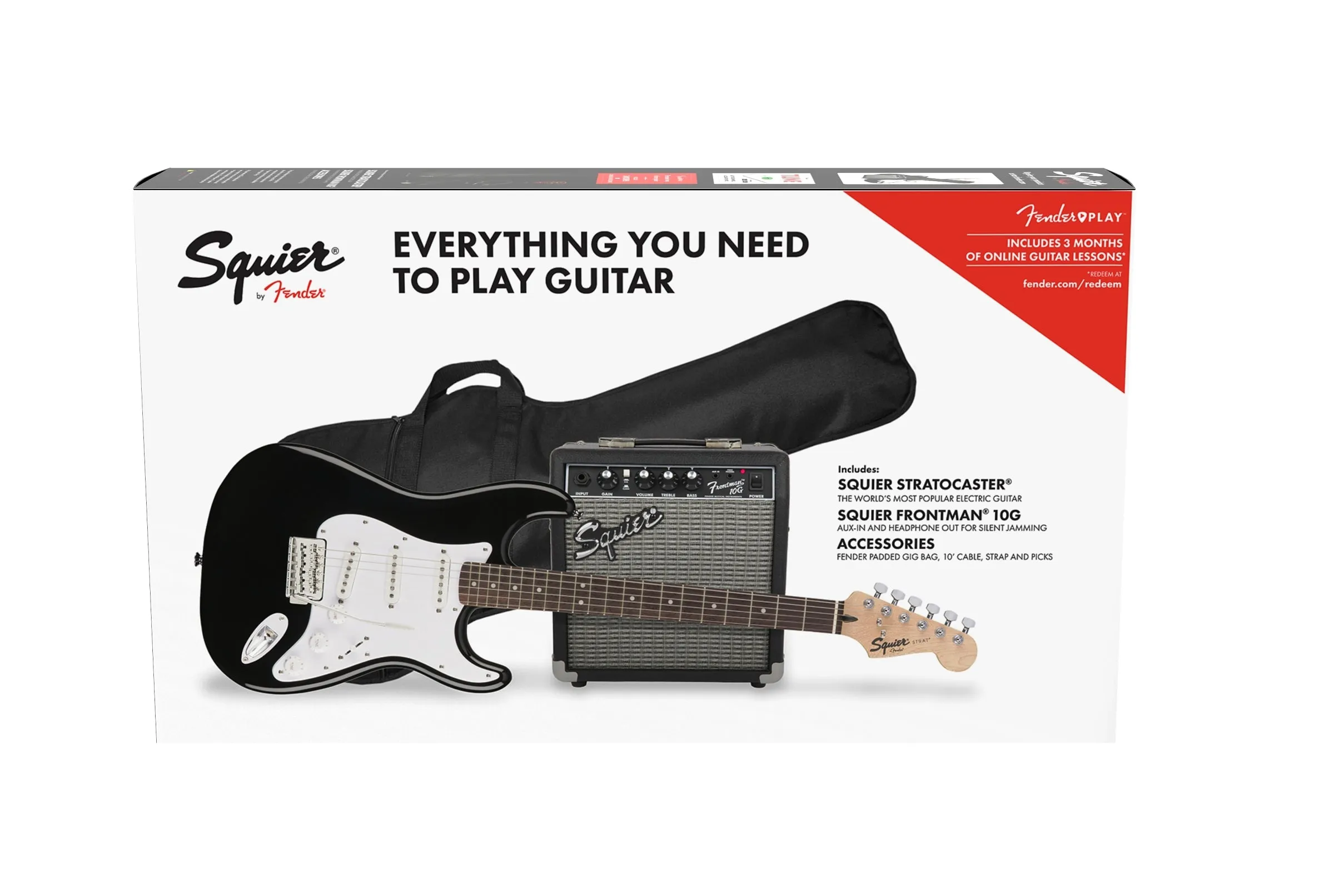 Squier Stratocaster Electric Guitar Pack with Fender Frontman 10G Amp Black