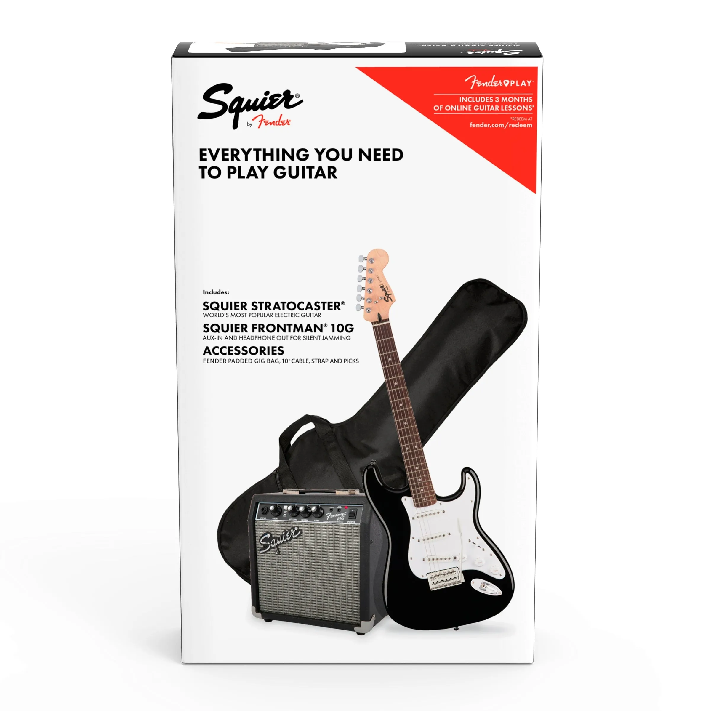 Squier Stratocaster Electric Guitar Pack with Fender Frontman 10G Amp Black