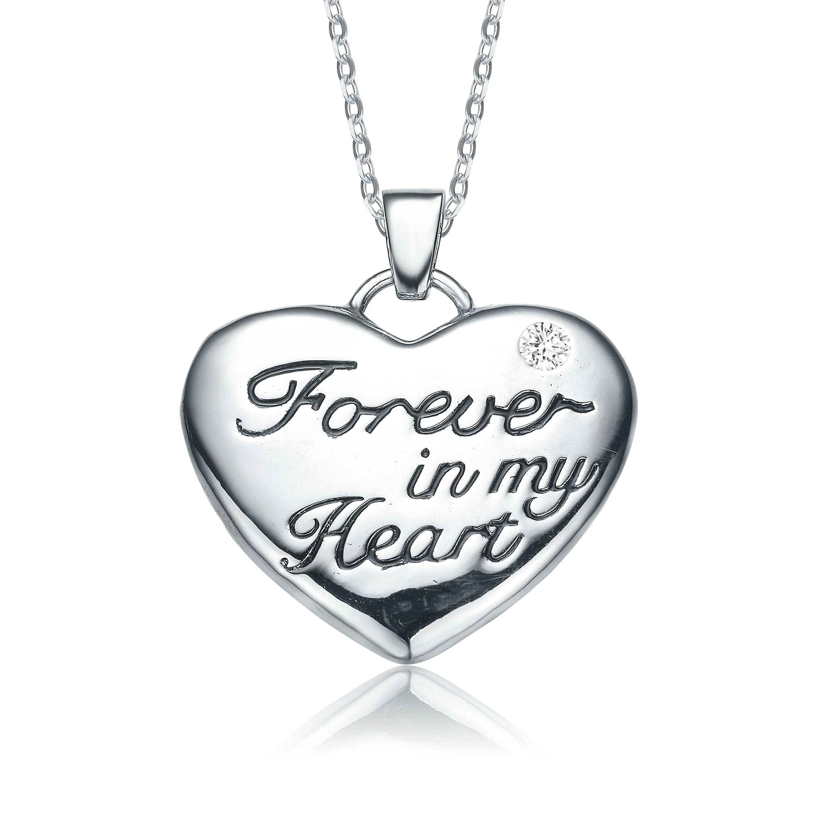 Sterling Silver with Rhodium Plated Clear Round Cubic Zirconia Accent "Forever in my Heart" Necklace