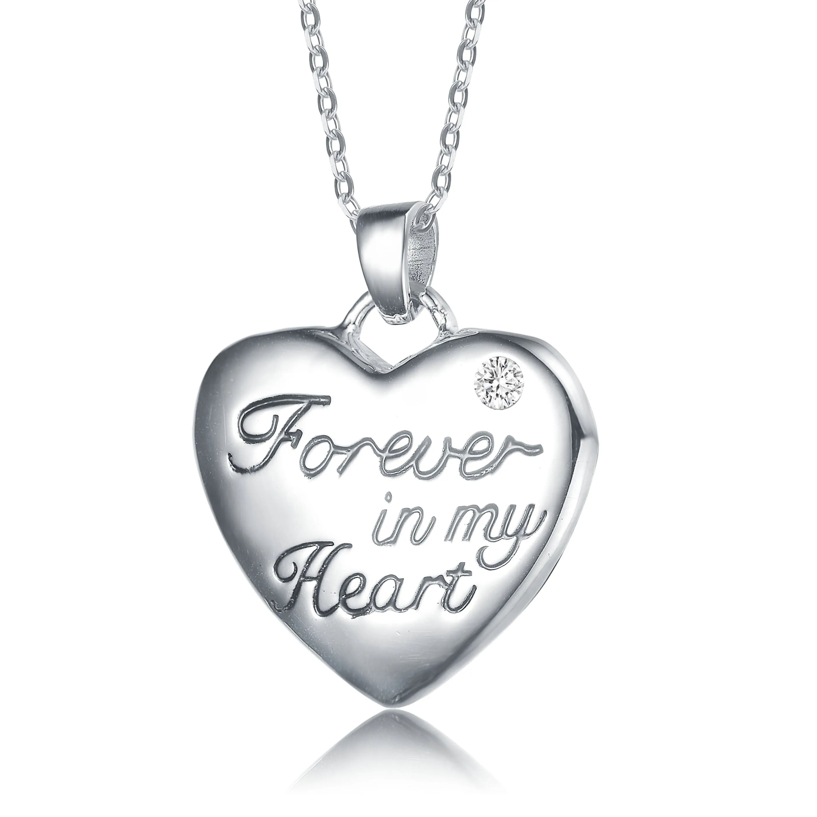 Sterling Silver with Rhodium Plated Clear Round Cubic Zirconia Accent "Forever in my Heart" Necklace