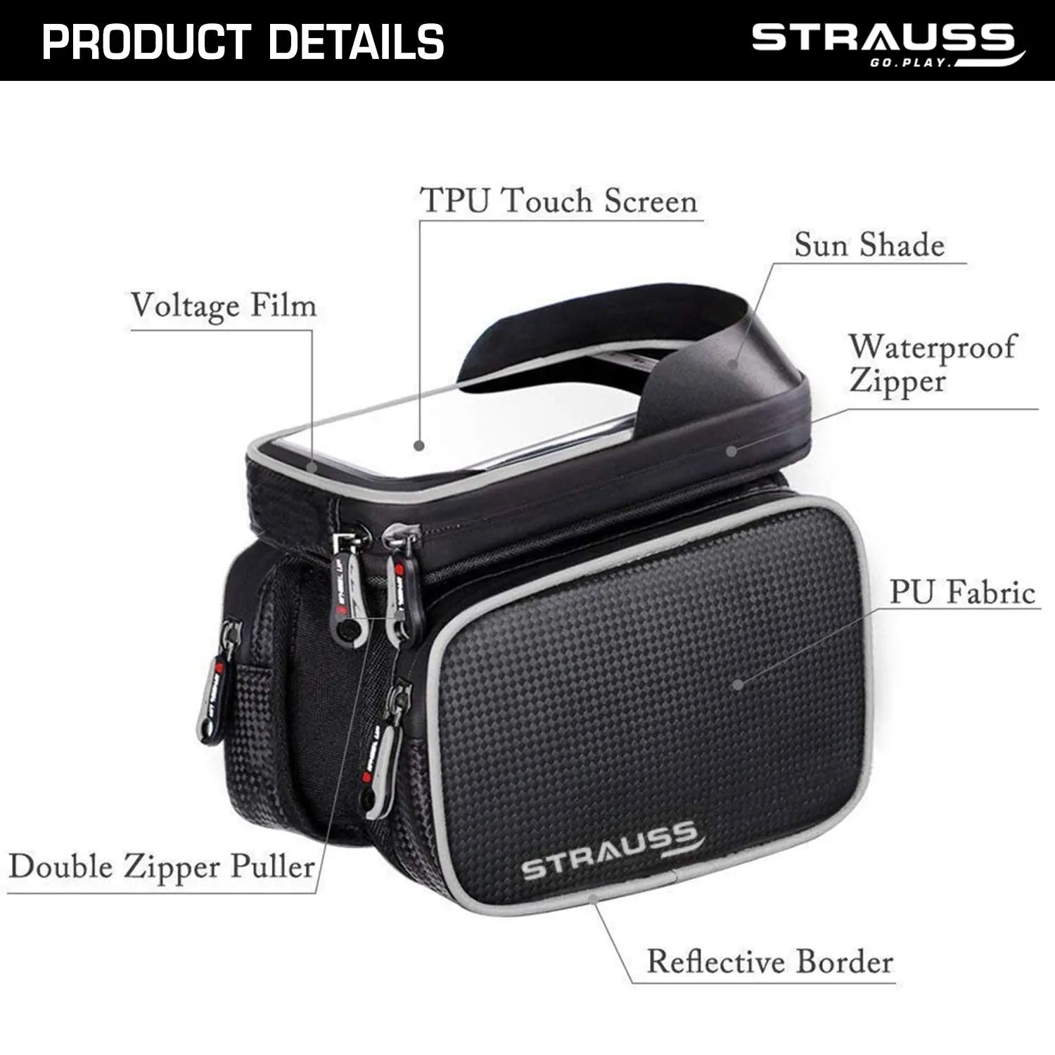 Strauss Bicycle Frame Bag, (Black) and Bicycle LED Headlight with Horn