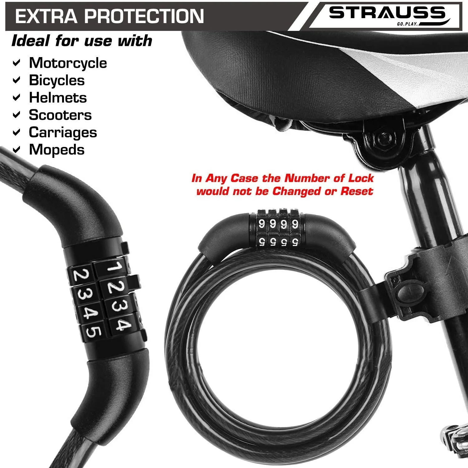 Strauss Cycle/Bicycle/Helmet Multi Purpose Number Lock, (Black) and Bicycle Frame Bag, (Black)