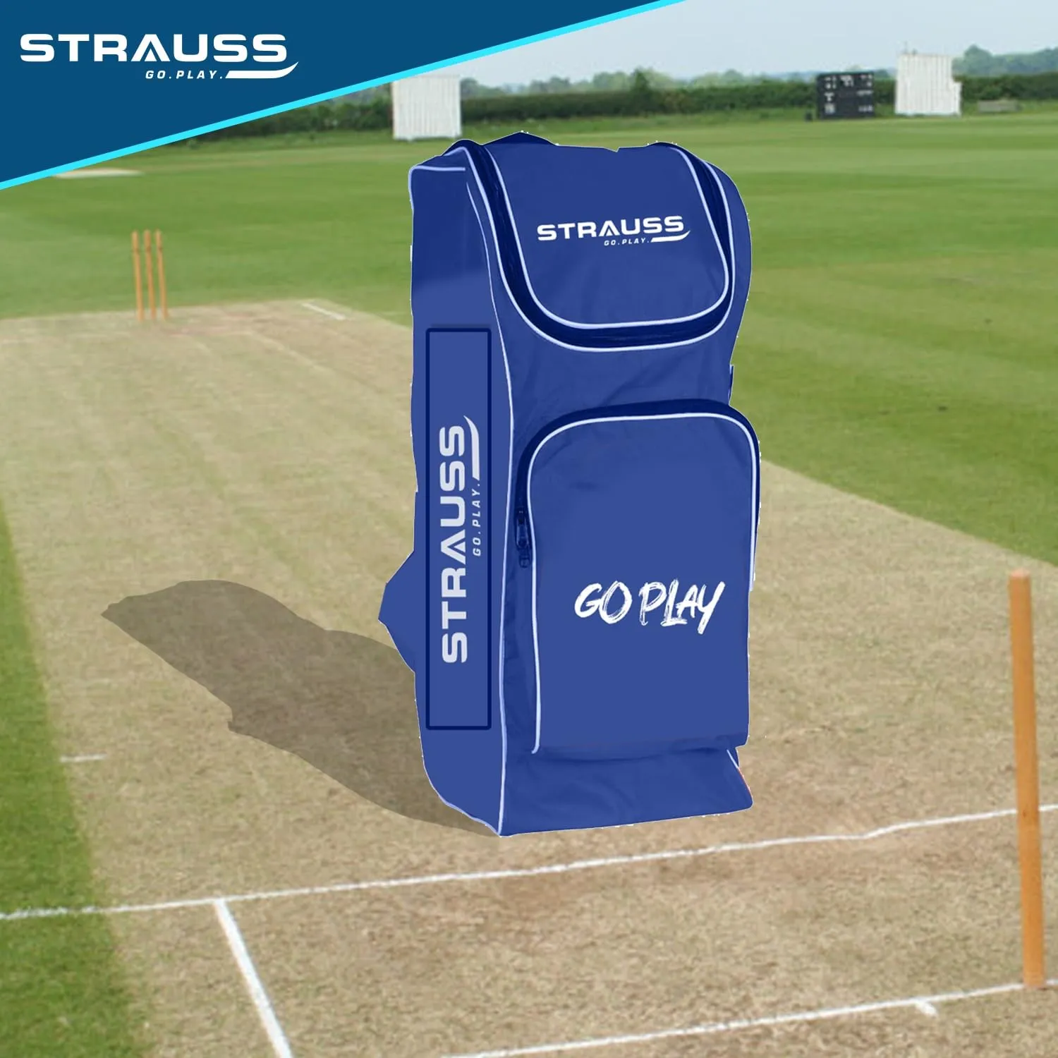 Strauss Kashmir Willow Cricket Kit Bag | Cricket Bat Set Combo with A Leather Cricket Ball| Ideal for Age Group 15  | Set of 9 (Blue) (Youth)