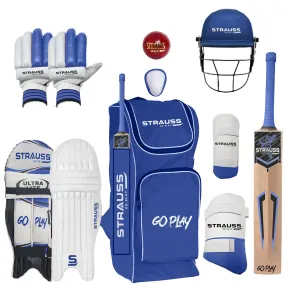 Strauss Kashmir Willow Cricket Kit Bag | Cricket Bat Set Combo with A Leather Cricket Ball| Ideal for Age Group 15  | Set of 9 (Blue) (Youth)