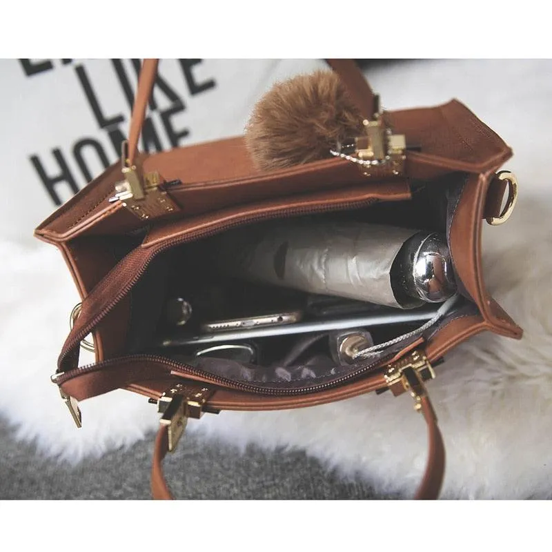 Suede Leather Handbag with Fur Ball