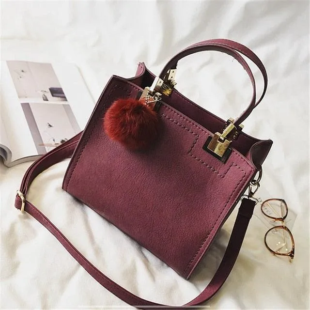 Suede Leather Handbag with Fur Ball