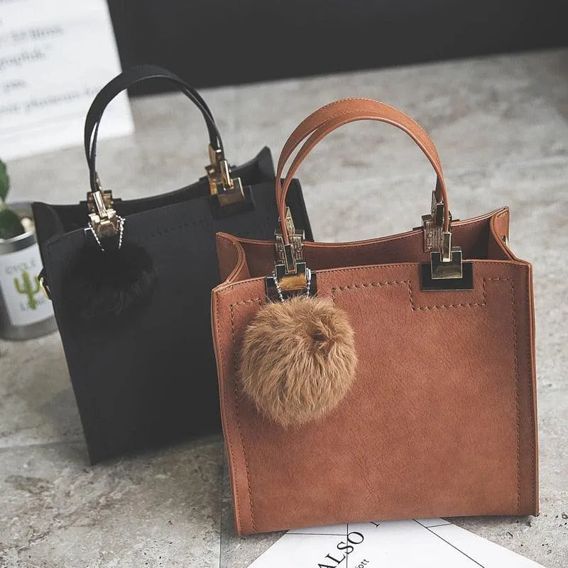 Suede Leather Handbag with Fur Ball