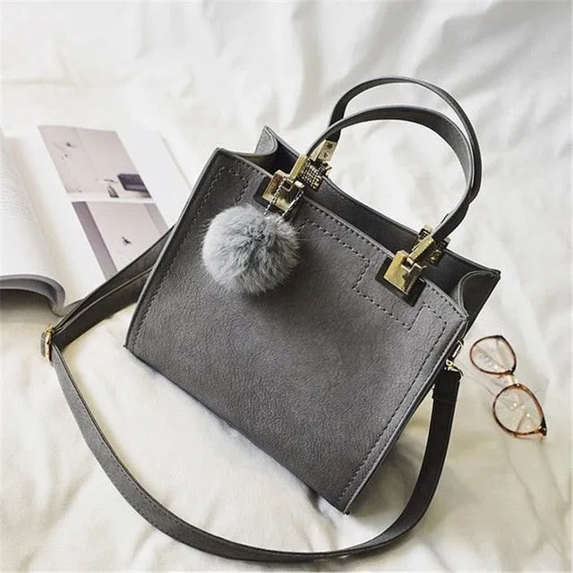 Suede Leather Handbag with Fur Ball