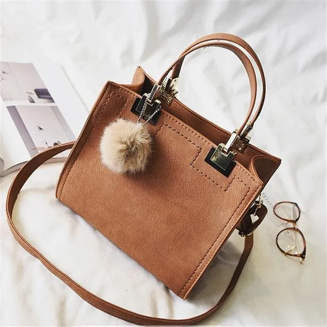 Suede Leather Handbag with Fur Ball