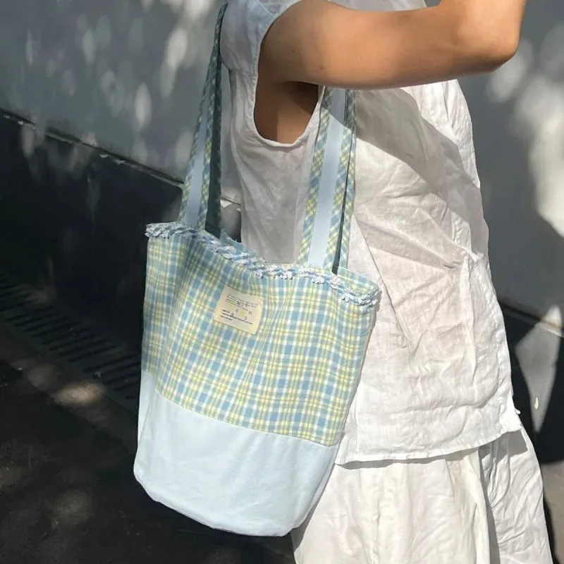 TAVIMART  -  Korean Sweet Blue Plaid Bucket Bag Handbag Tote Women Casual Shoulder Bag