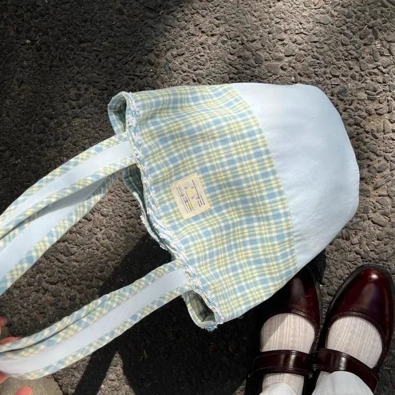 TAVIMART  -  Korean Sweet Blue Plaid Bucket Bag Handbag Tote Women Casual Shoulder Bag