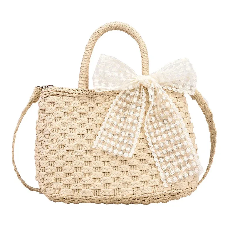 TAVIMART  -  Luxury Designer Women's Hand Woven Straw Bag Summer New Bohemian Beach Seaside Travel Handbag Lace Bow Drawstring Tote Picnic