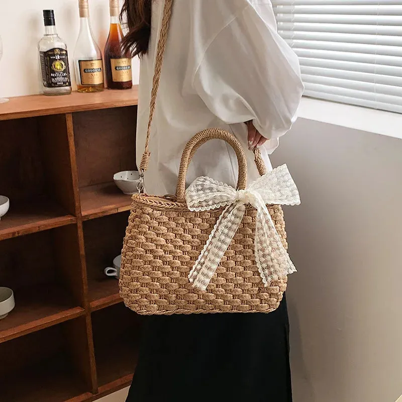 TAVIMART  -  Luxury Designer Women's Hand Woven Straw Bag Summer New Bohemian Beach Seaside Travel Handbag Lace Bow Drawstring Tote Picnic