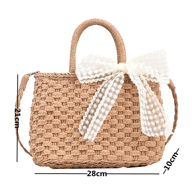 TAVIMART  -  Luxury Designer Women's Hand Woven Straw Bag Summer New Bohemian Beach Seaside Travel Handbag Lace Bow Drawstring Tote Picnic