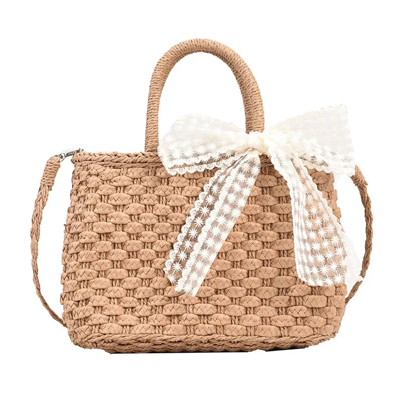 TAVIMART  -  Luxury Designer Women's Hand Woven Straw Bag Summer New Bohemian Beach Seaside Travel Handbag Lace Bow Drawstring Tote Picnic