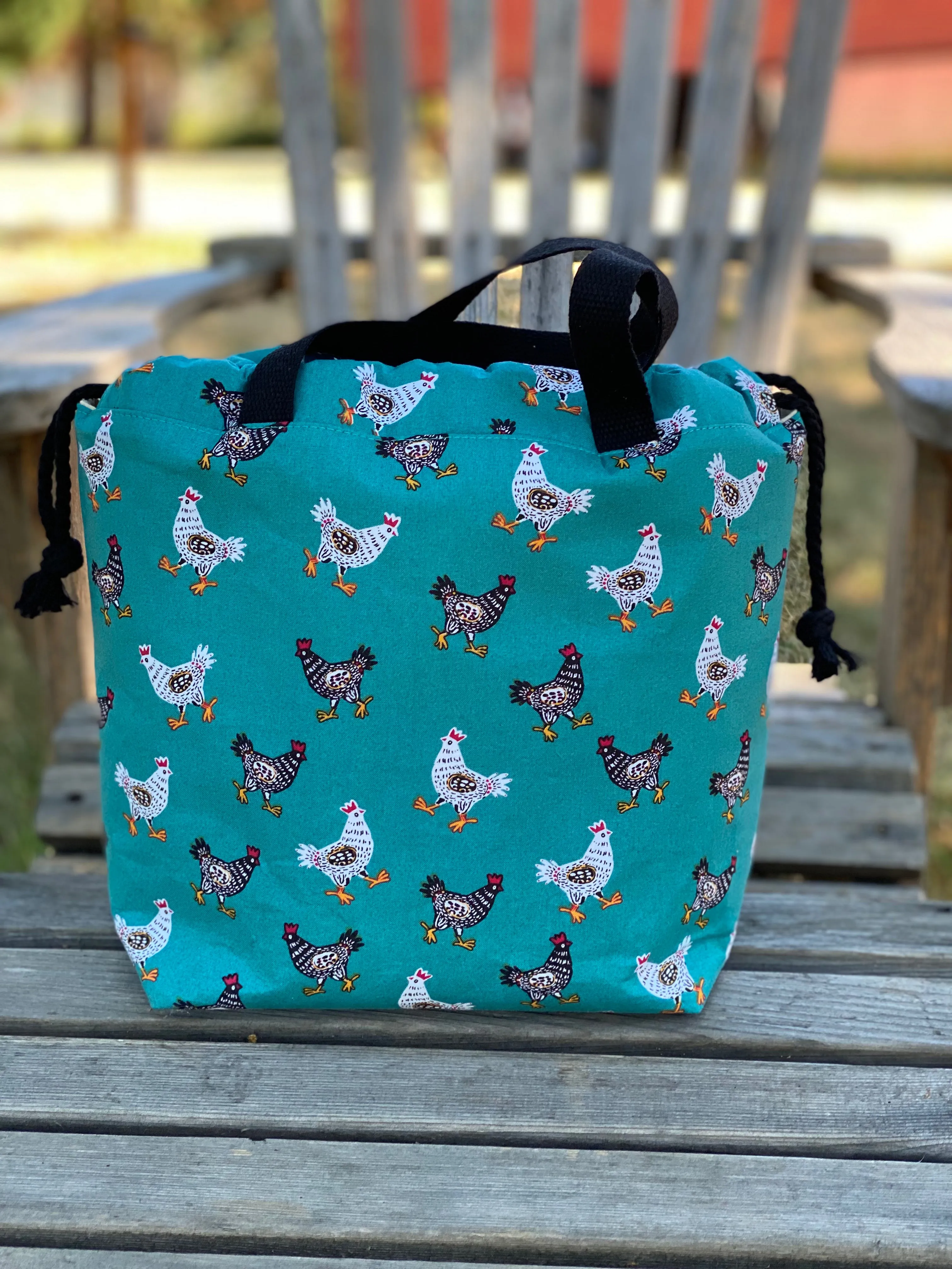 Teal Chicken Toss Cotton Project Bag, Project Bag for Knitters and Crocheters, Drawstring Bag