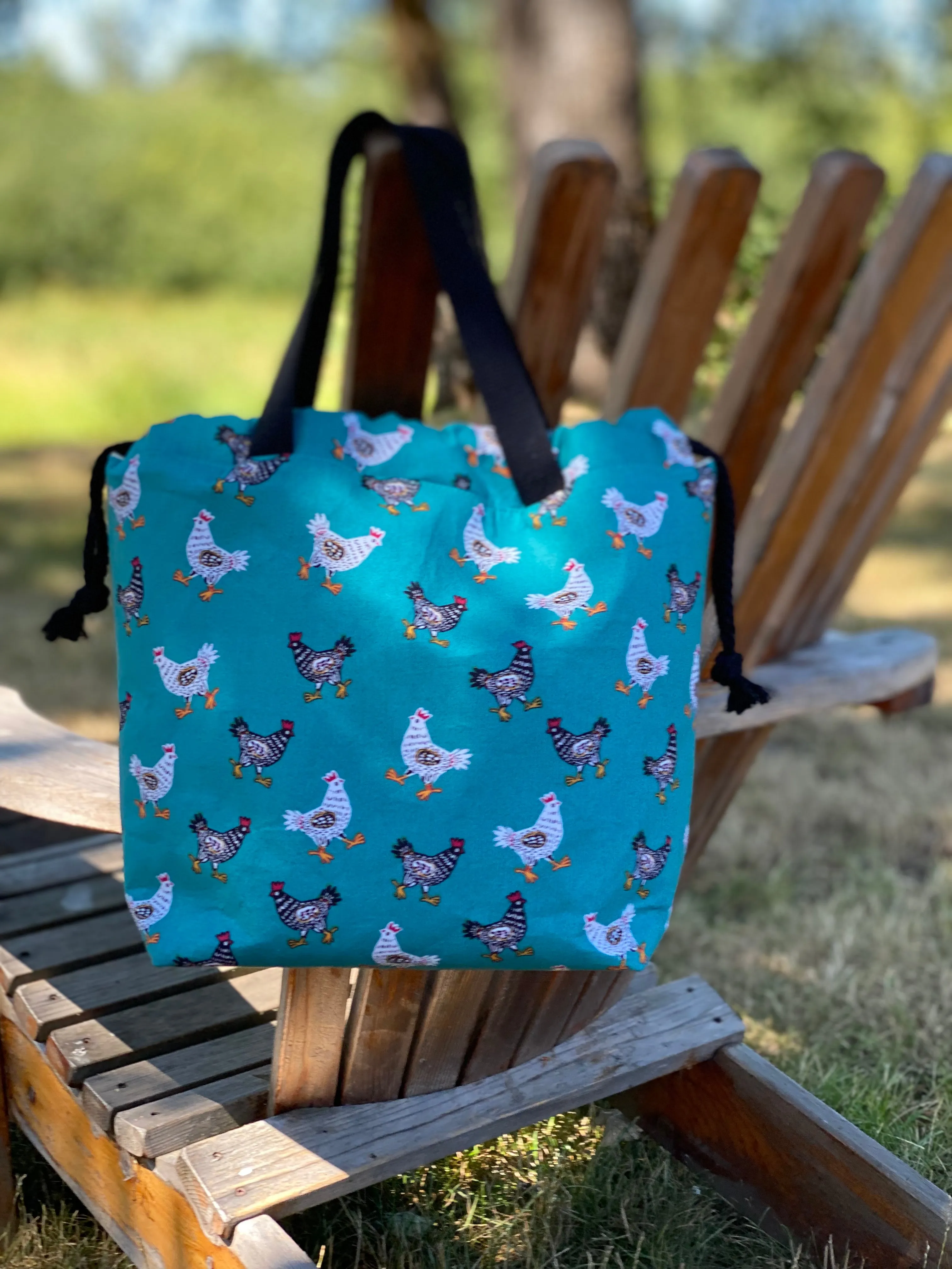 Teal Chicken Toss Cotton Project Bag, Project Bag for Knitters and Crocheters, Drawstring Bag