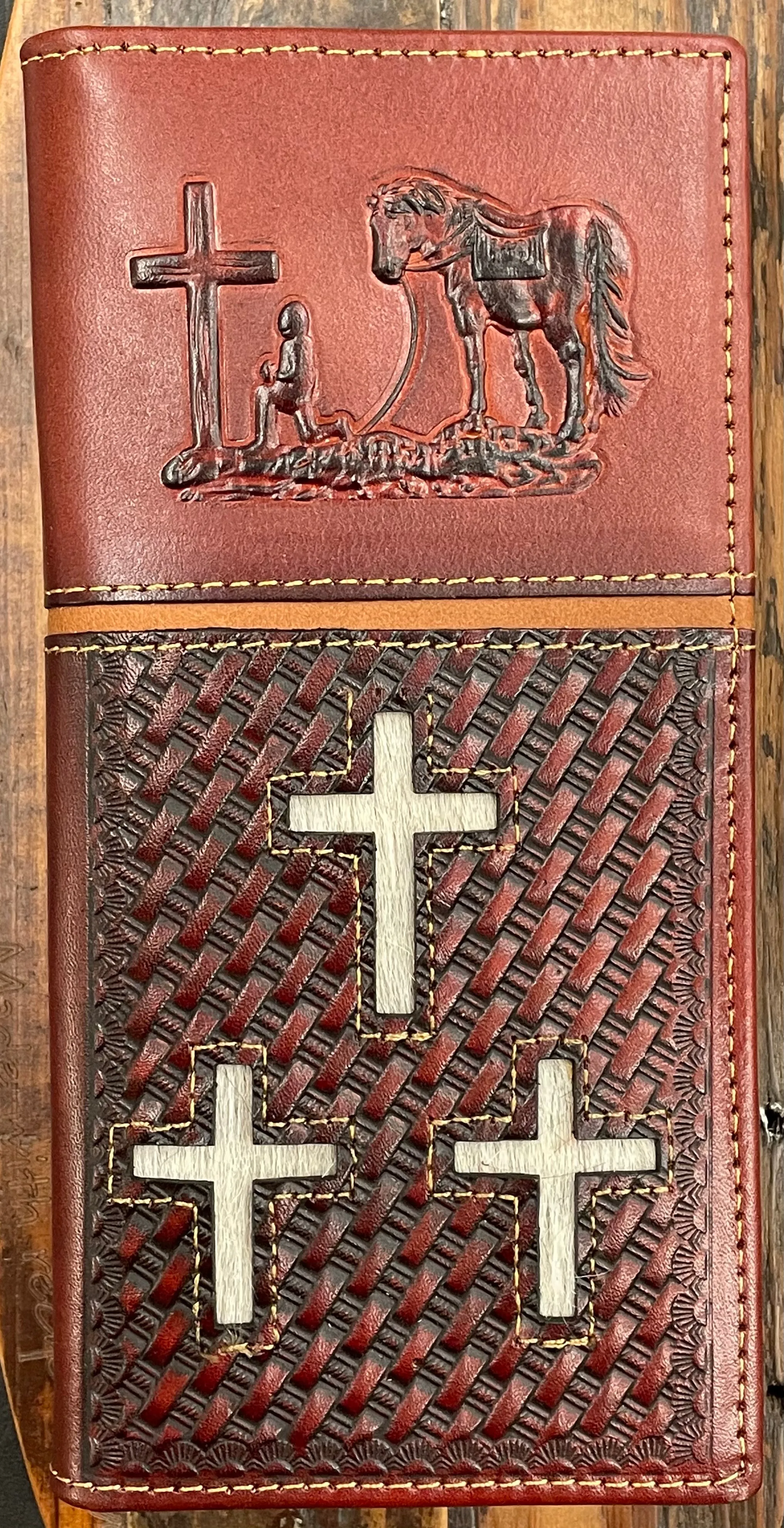 Top Notch Accessories 60204BR Brown Embossed Praying Cowboy With 3 Hair-On Crosses Wallet