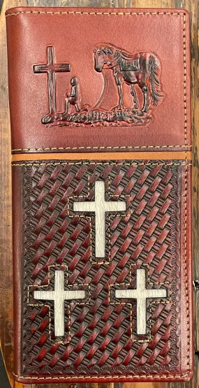 Top Notch Accessories 60204BR Brown Embossed Praying Cowboy With 3 Hair-On Crosses Wallet