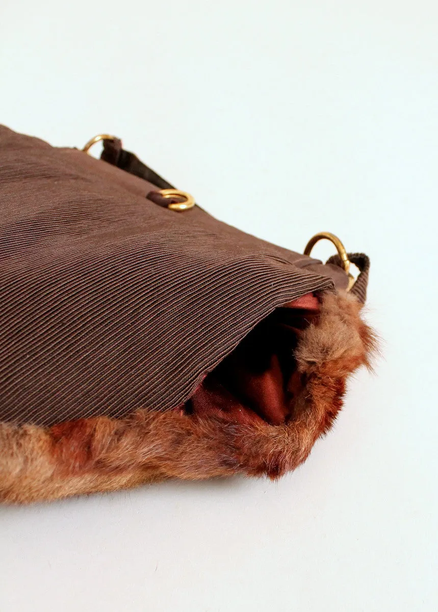 Vintage 1940s Brown Fur Tilt Hat and Purse Set