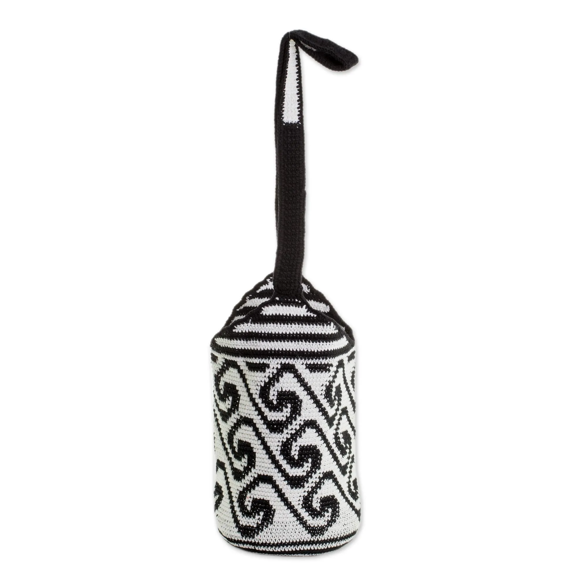 Wave Motif Cotton Bucket Bag in Black and White - Black and White Waves | NOVICA