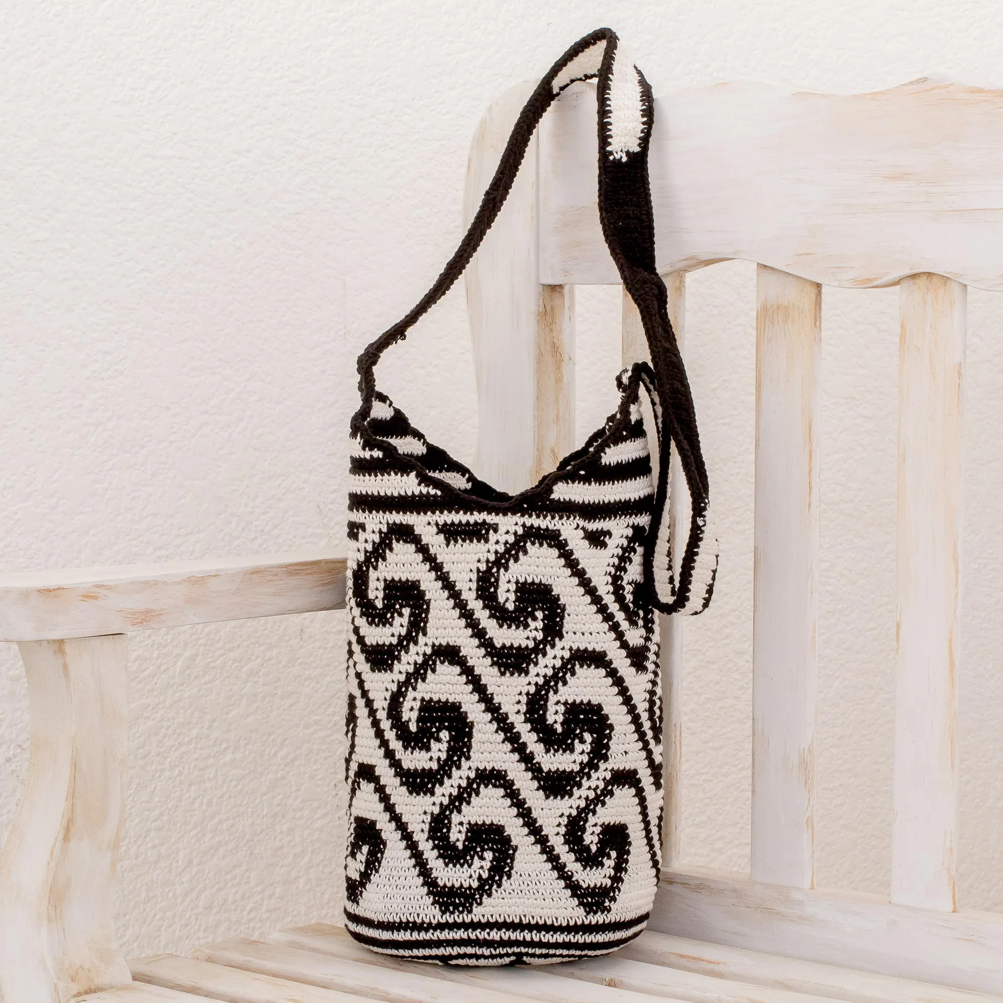 Wave Motif Cotton Bucket Bag in Black and White - Black and White Waves | NOVICA