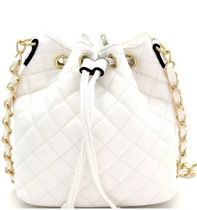 White Quilted Drawstring Bucket Crossbody Bag Satchel