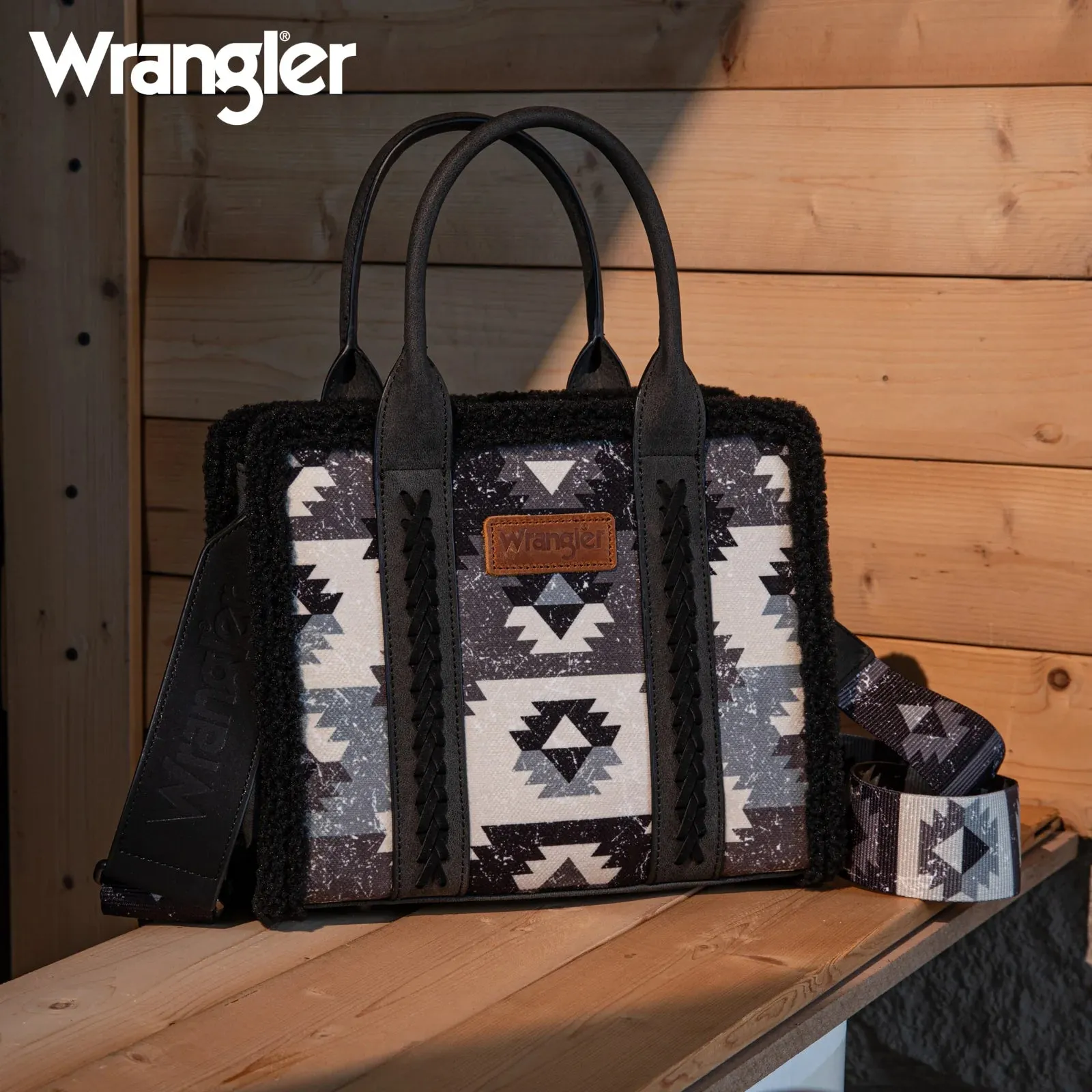 Wrangler Black Sherpa Southwestern Print Small Canvas Tote/Crossbody - WG166-8120SBK