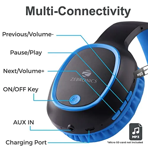 ZEBRONICS Thunder 60 hrs Playback time Bluetooth Wireless Headphone with FM, mSD, Playback with Mic (Blue)