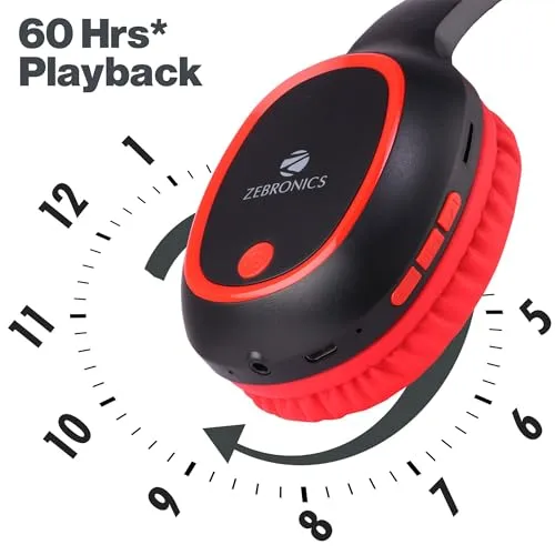 Zebronics Thunder 60 hrs Playback time Bluetooth Wireless Headphone with FM, mSD, Playback with Mic (Red)