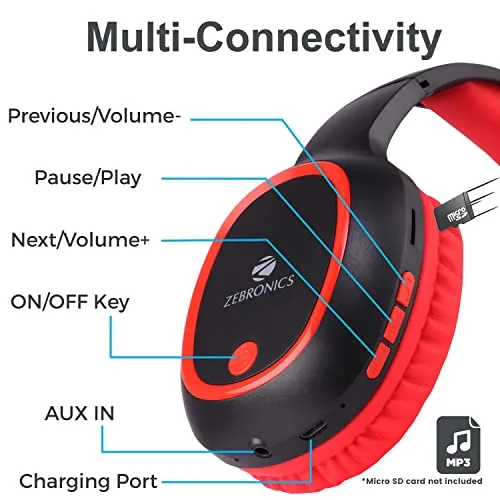 Zebronics Thunder 60 hrs Playback time Bluetooth Wireless Headphone with FM, mSD, Playback with Mic (Red)