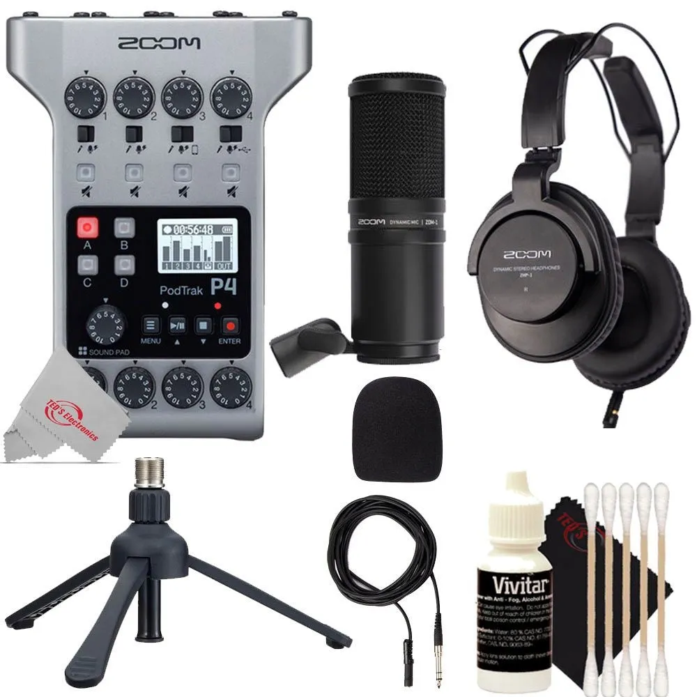 Zoom PodTrak P4 Multitrack Podcast Recorder   Mic Pack Accessory Bundle