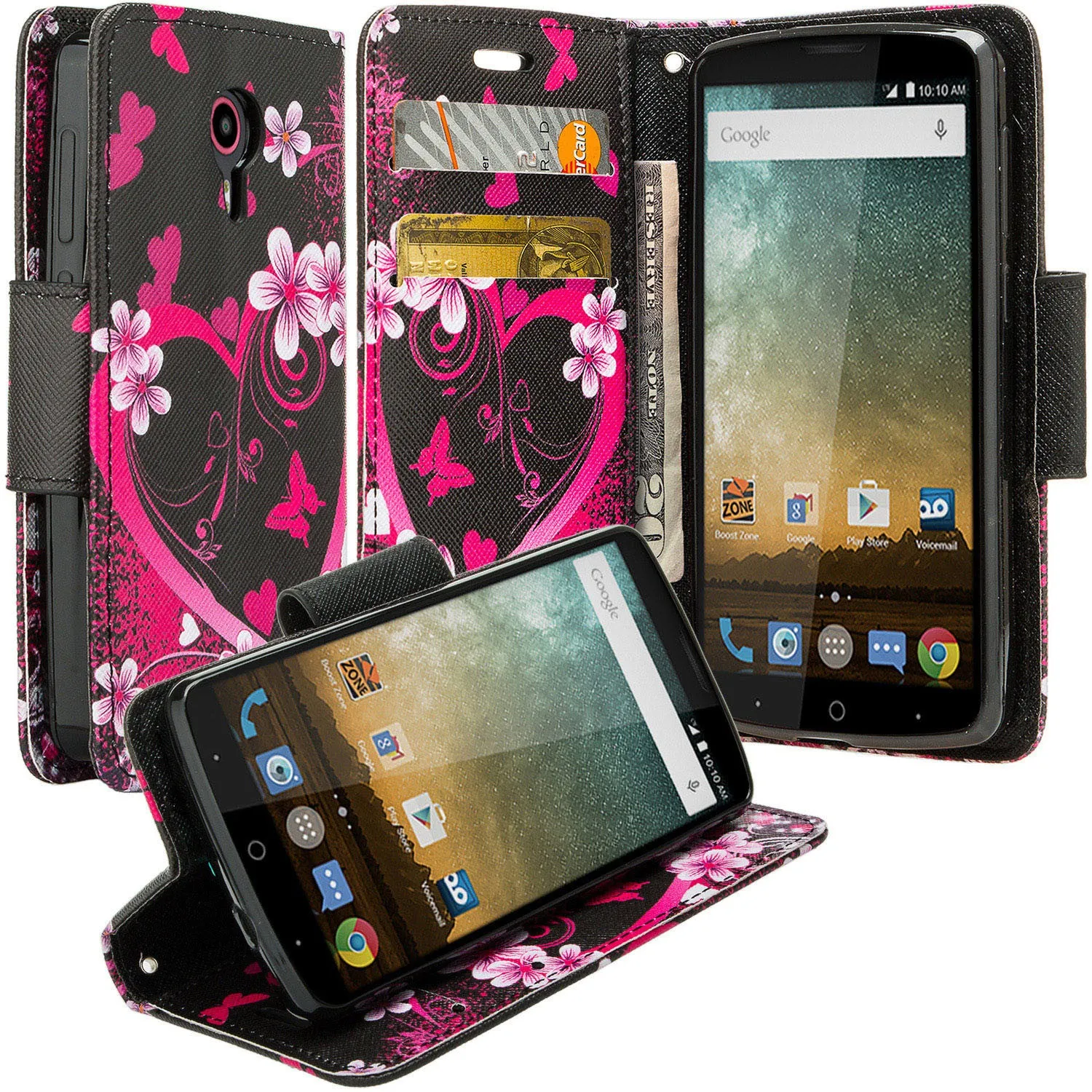 ZTE Ultra Case | ZTE Quest | ZTE Uhura Case, Wrist Strap Magnetic Flip Fold[Kickstand] Pu Leather Wallet Case with ID & Credit Card Slots for ZTE Ultra/Quest/Uhura - Heart Butterflies